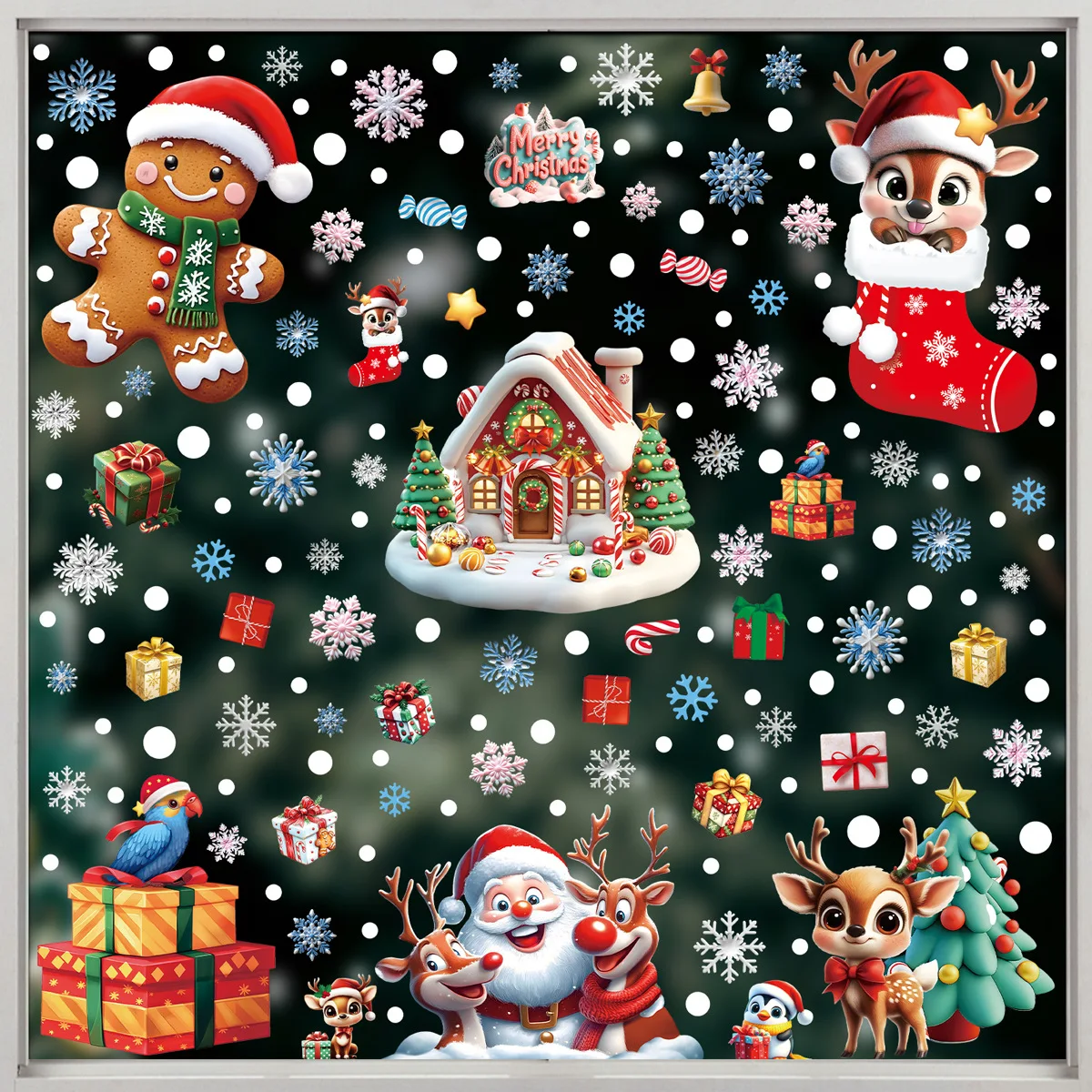 Fensteraufkleber für Weihnachten, festliche Feiertage – Lebkuchen-Schneemann, Schneeflocke, Weihnachtsmann, statische Aufkleber für Weihnachtsfeier, Heimdekoration Image