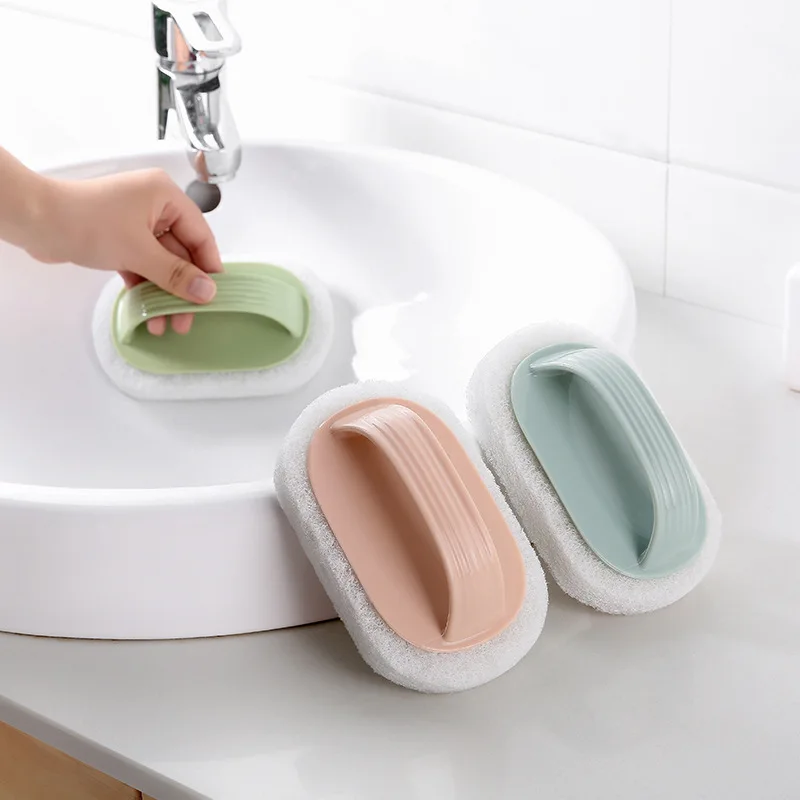 2 stücke griff reinigungs bürste, badezimmer fliesen bürste, küchen reinigungs bürste, topf wasch magie schwamm, badewannen bürste Image
