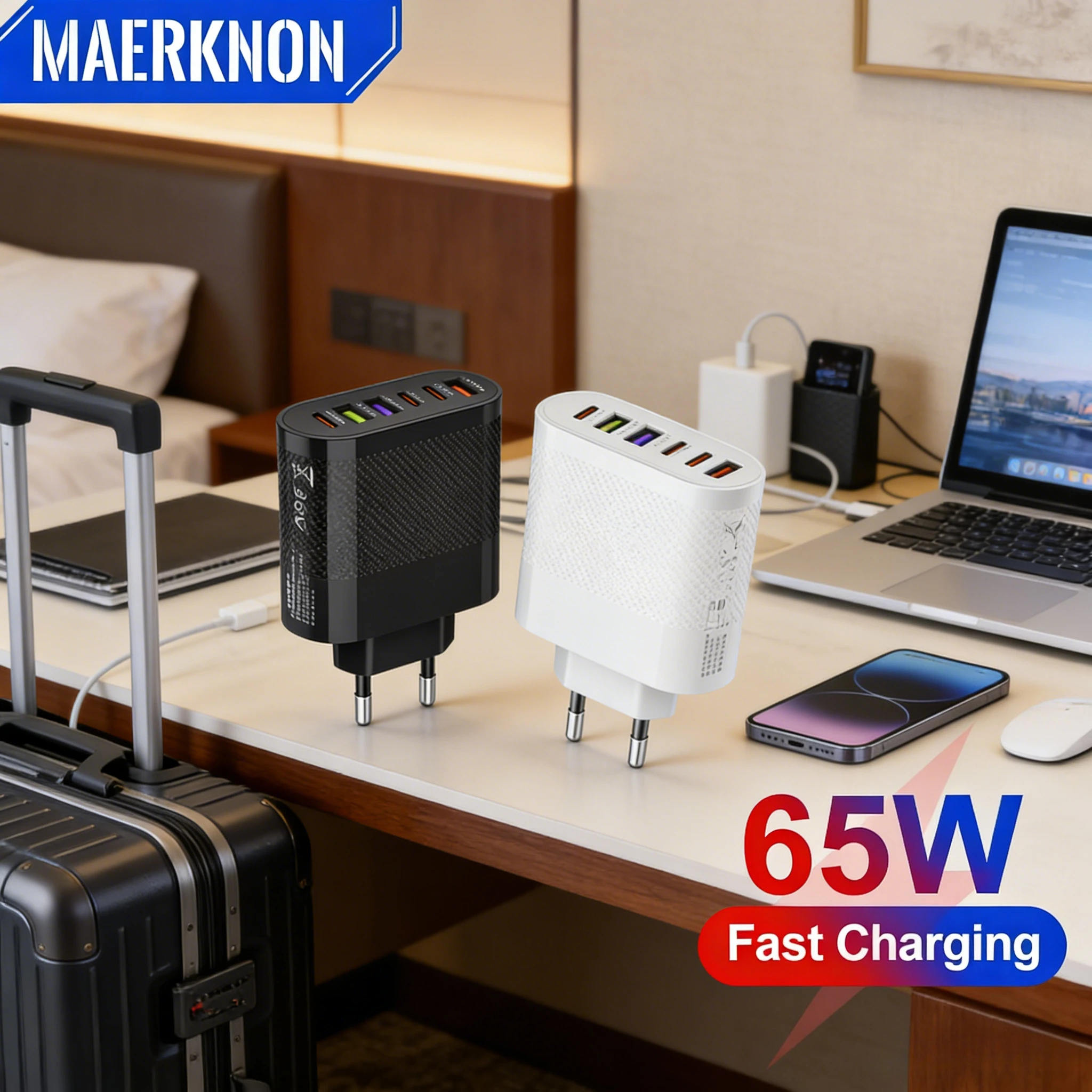 65W 6-Port Multi-USB PD Schnellladegerät, Schnell-Ladeadapter für die Wandsteckdose, Hochgeschwindigkeits-Mehrfachladegerät für iPhone, Samsung, Huawei, Xiaomi Image