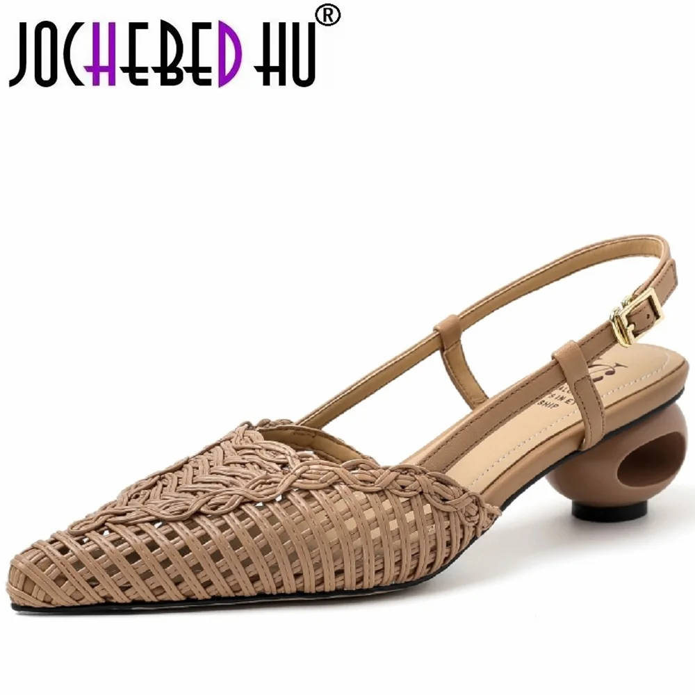 【JOCHEBED HU】 Sommer-Gladiator-Sandalen für Damen, Schnalle, spitzer Zehenbereich, mittlere Absätze, Sandalen, Schuhe, gewebt, aushöhlen, Strandschuh, Größe 34–40