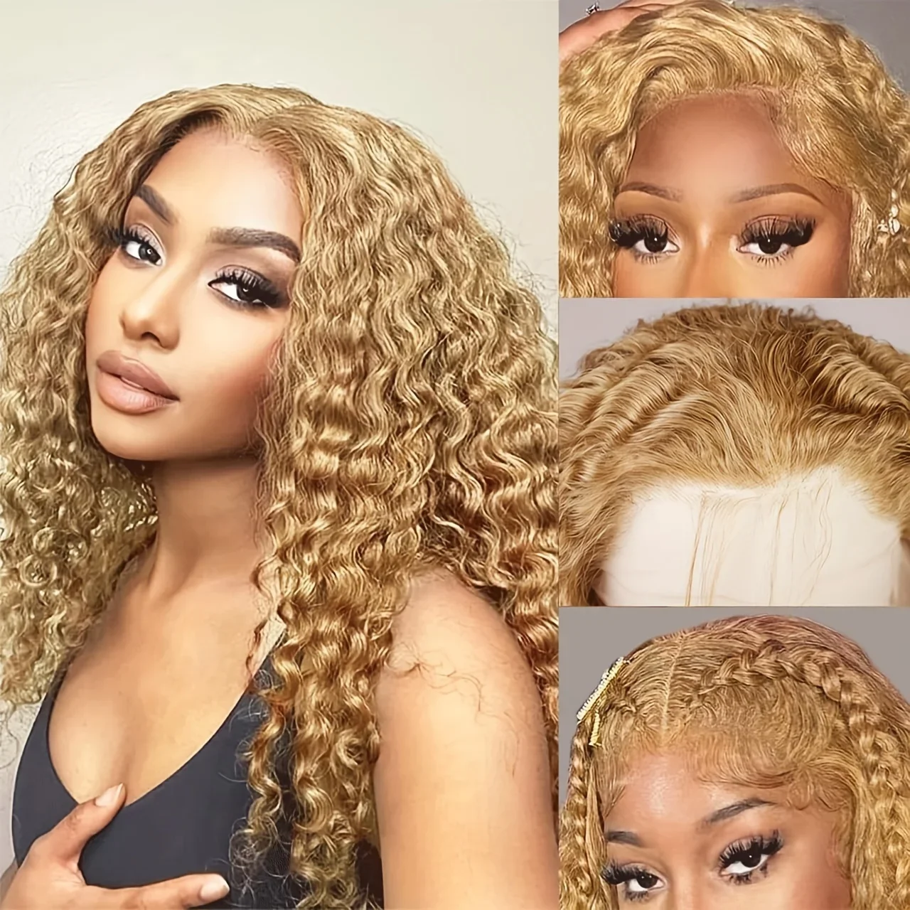 Weiche, 26 Zoll lange, honigblonde, verworrene, lockige Lace-Front-Perücke für Frauen, synthetische, vorgezupfte, klebefreie, hitzebeständige Perücke für den täglichen Gebrauch Image
