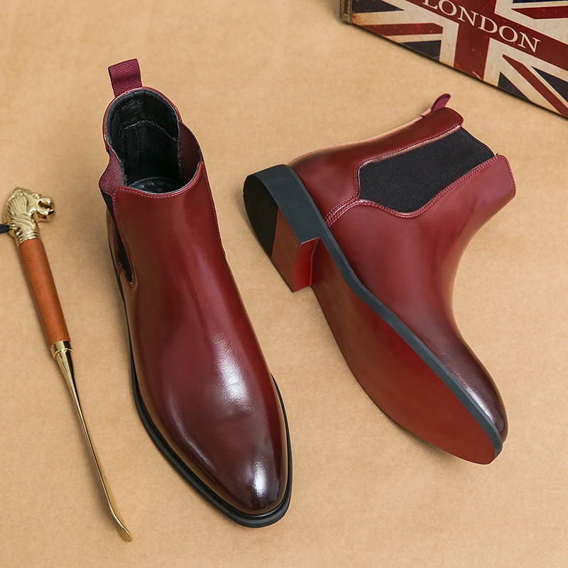 Chelsea-Stiefel für Herren, rote Sohle, Knöchel, Business, runde Zehenpartie, Slip-On-Herrenstiefel, kostenloser Versand, Größe 38–46, Herrenschuhe