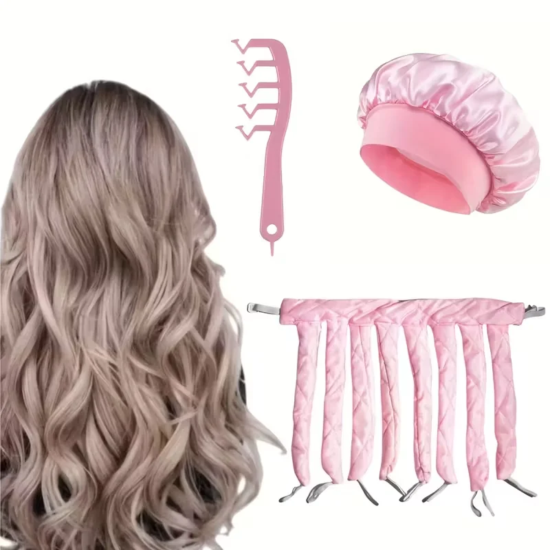 3-teiliges Set aus nicht heißem Lockenstab und Haarband für Damen, nicht heißer Lockenstab, Schlafmütze aus Satin und gewelltem Z-Kamm, DIY Image