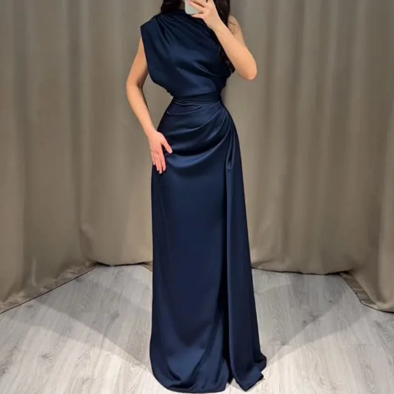 Neues ärmelloses, figurbetontes Damen-Maxikleid aus Satin mit O-Ausschnitt, drapiert, einfarbig, für besondere Anlässe, schlicht, elegant, für Sommerpartys Image