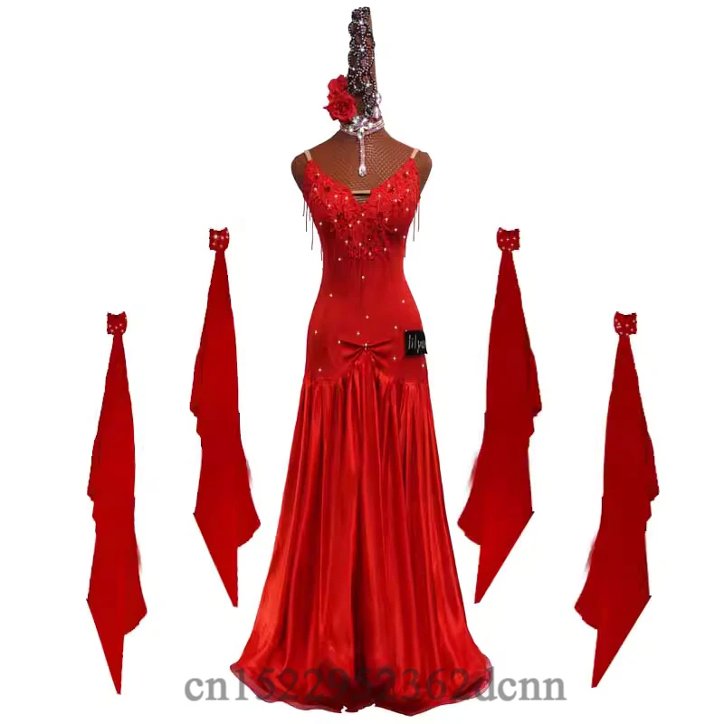 Ballsaal-Tanzkleid, Standardrock, Wettbewerbskleid, Kostüme, Darbietungskleider, individuell anpassbar, für Erwachsene und Kinder, weinrot, bestickt Image