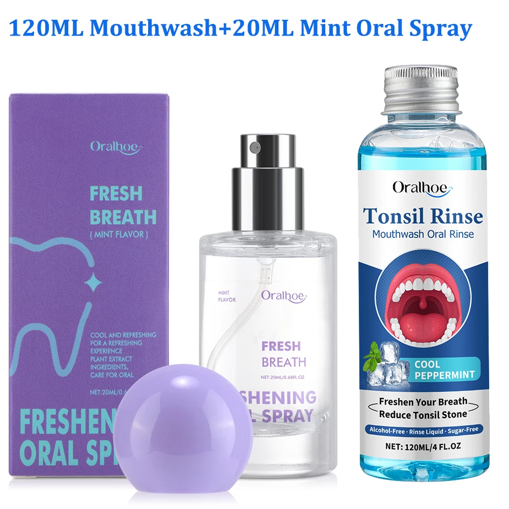 120ML Mundwasser mit Minzgeschmack 20ML Mundspray Atem-Erfrischer-Set Entfernt Mundgeruch Reduziert Mandelstein Langanhaltende Mundfrische Image
