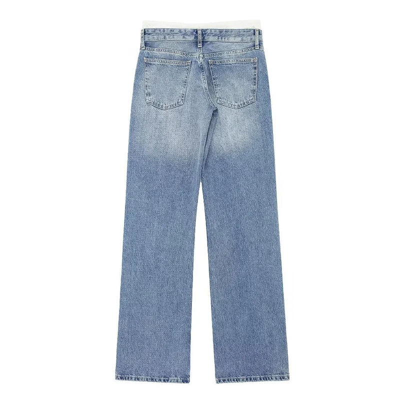 Vintage Americana High Waist Straight Jeans Damen Mode Patchwork Schnürung Baggy Denim Hosen Streetwear Weite Bein-Hosen Image