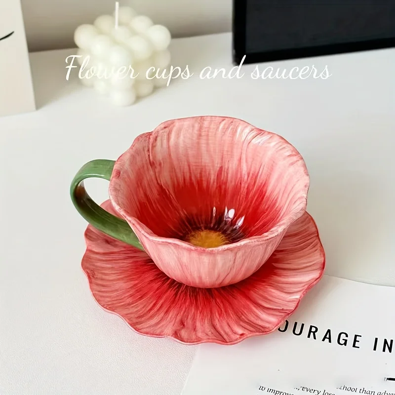 2er-Set (1 Tasse + 1 Tassenhalter) Elegante Blumen-Kaffeetasse und Untertasse, Premium Keramik Nachmittagstee-Tasse, Dessertteller, Milchtasse Image
