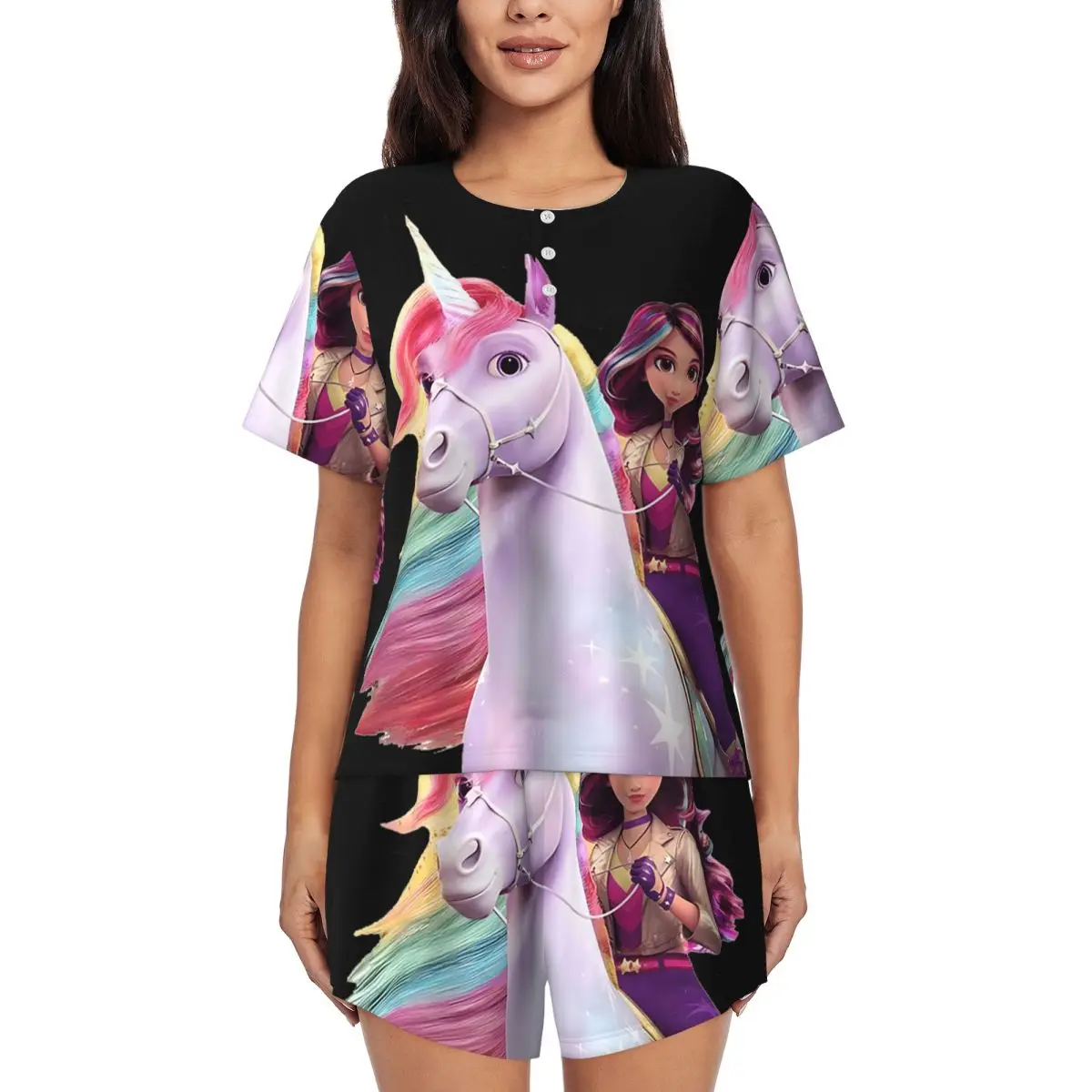 Unicorn Academy Sophia Wildstar Nachthemd mit Rundhalsausschnitt und kurzen Ärmeln zum Schlafen, Schlafhemden für Damen, lockeres Pyjama-Set mit kurzen Hosen Image