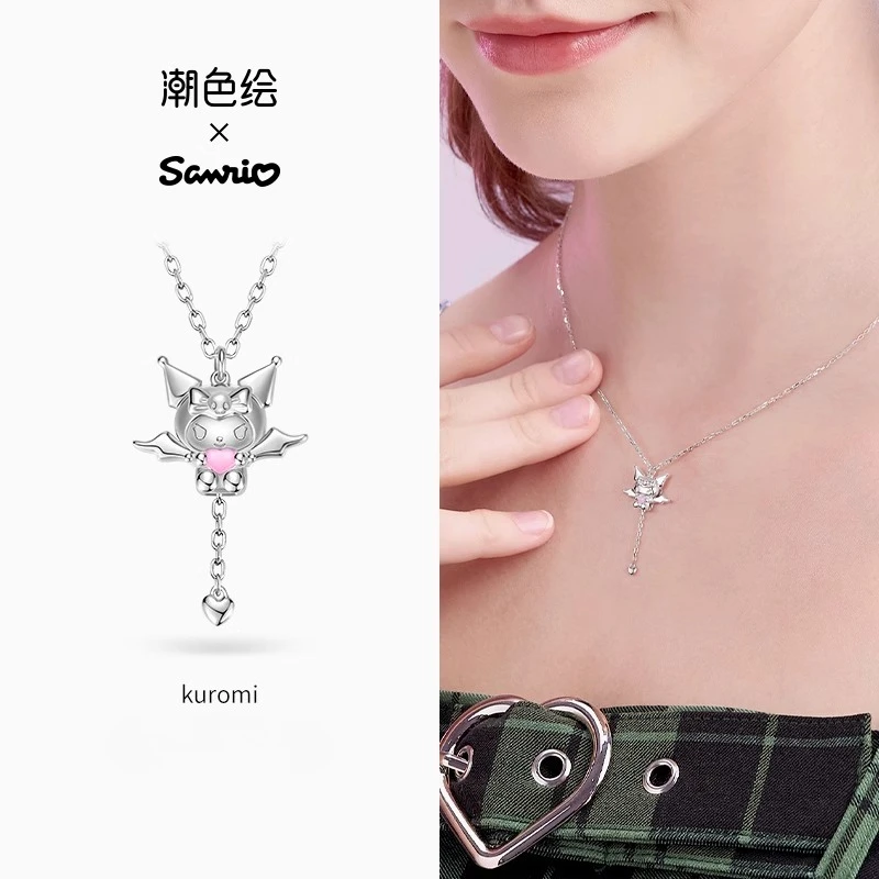 Original trendige bemalte KT Kuromi Sterling Silber Kette Anhänger Flügel bewegliche Anime Zubehör Image