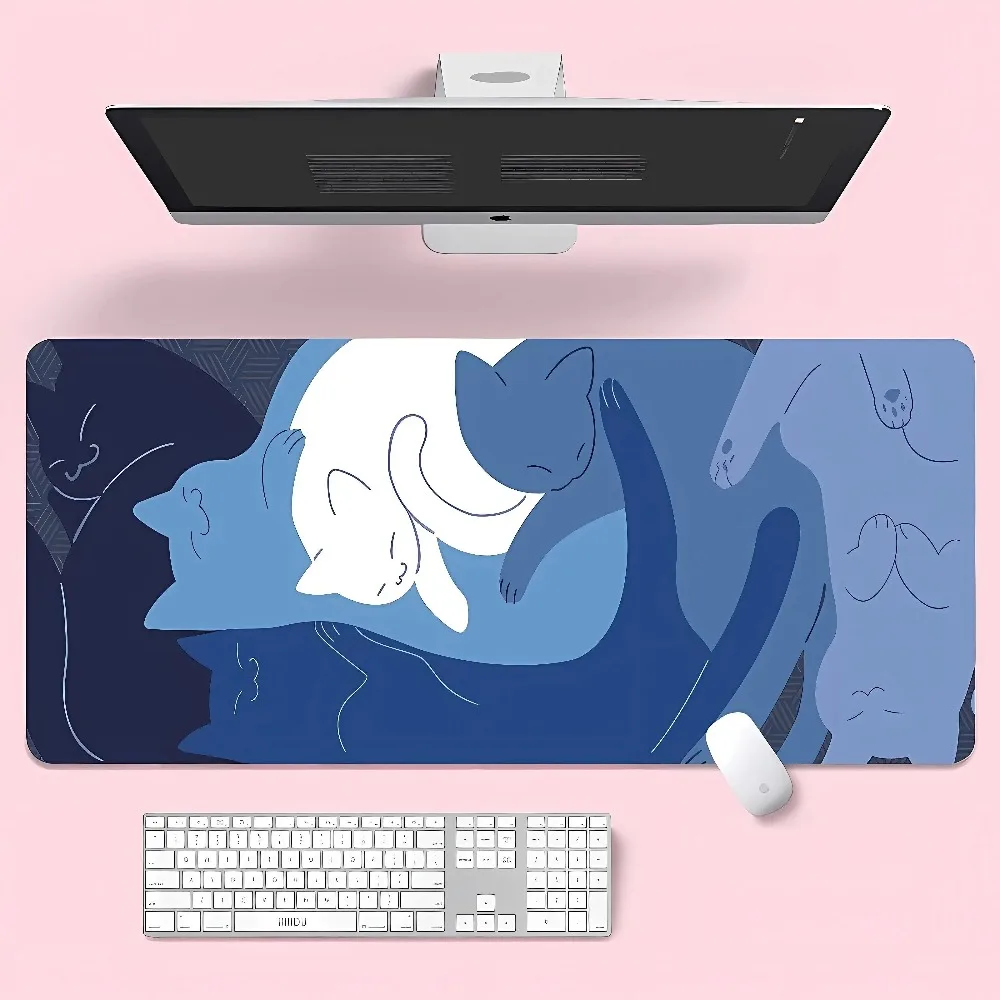 Großes Mauspad, niedliche blaue Katze, Schreibtischunterlage, Kawaii-Computertischzubehör, Mausmatte, großes Mauspad, Gamer-Gummipads Image