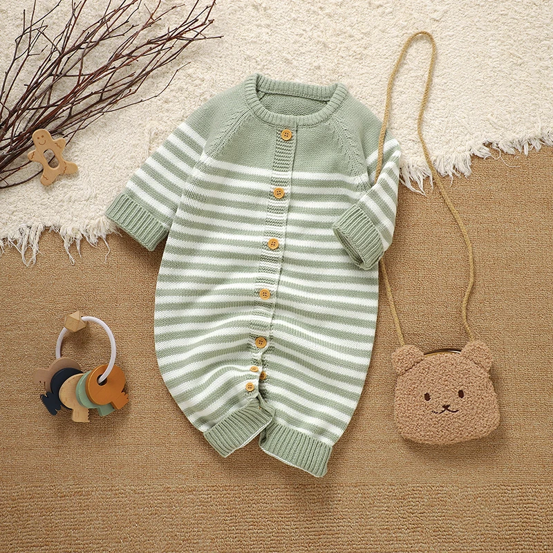 Herbst Winter Casual Baby Strampler Langarm Gestrickte Neugeborenen Jungen Mädchen Streifen Overalls Playsuits 0-18m Infant Kind overalls Image