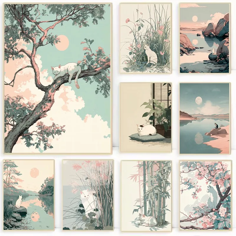 Minimalistisches japanisches Katzen-Poster mit Blumen, minimalistisches Japandi-Zen-Landschaftsgemälde auf Leinwand, Wandkunst für Wohnzimmer, Heimdekoration Image