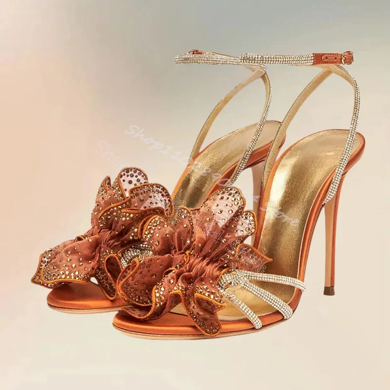 Gold Kristall Mesh Blume Offene spitze Sandalen Knöchel Schnalle Frauen Schuhe Dünne High Heels Party Bankett 2024 Zapatos Para Mujere