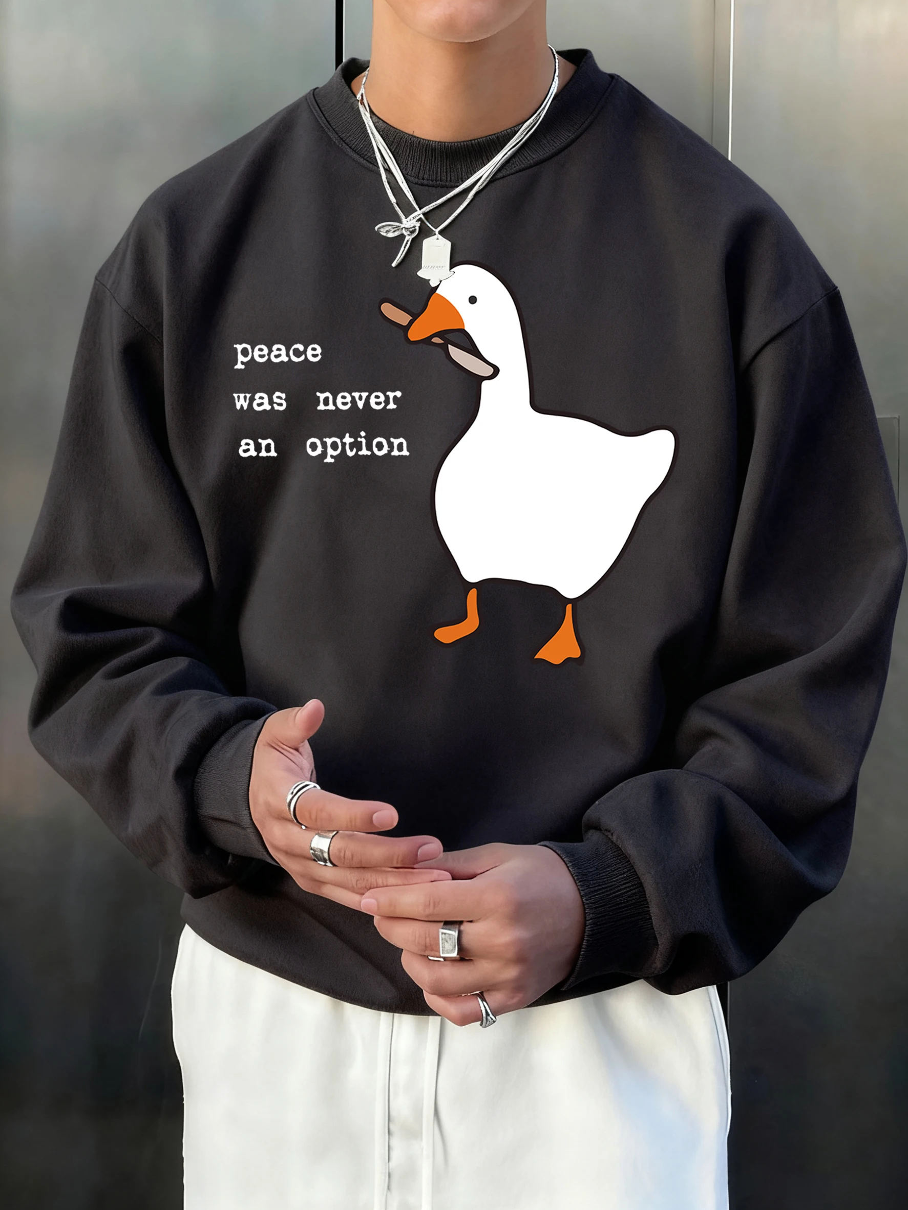 Peace Was Never An Option Duck Bedruckter Pullover für Herren, Fleece-Sweatshirt, All-Match-Kleidung mit O-Ausschnitt, lässige Hip-Hop-lose Sportbekleidung