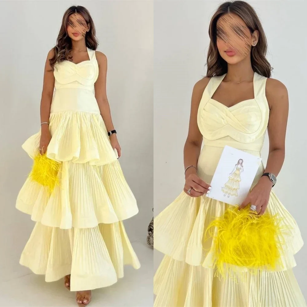 Maßgeschneidertes Jiayigong Fashion Square Collar Empire Tiered Partykleid Knöchellanges, ärmelloses, formelles Abendkleid mit Falten Alem Image