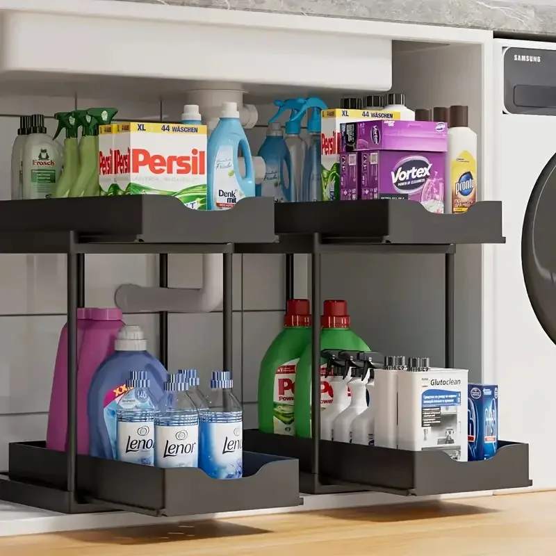 Unterschrank-Küchenregal mit Ausziehbaren Regalen, Zweistufige Aufbewahrungslösung, aus PET-Material, Ideal für die Küche, mit Mehrschichtigem Schiebedesign, Perfekt für Waschräume, Küchen und unter
