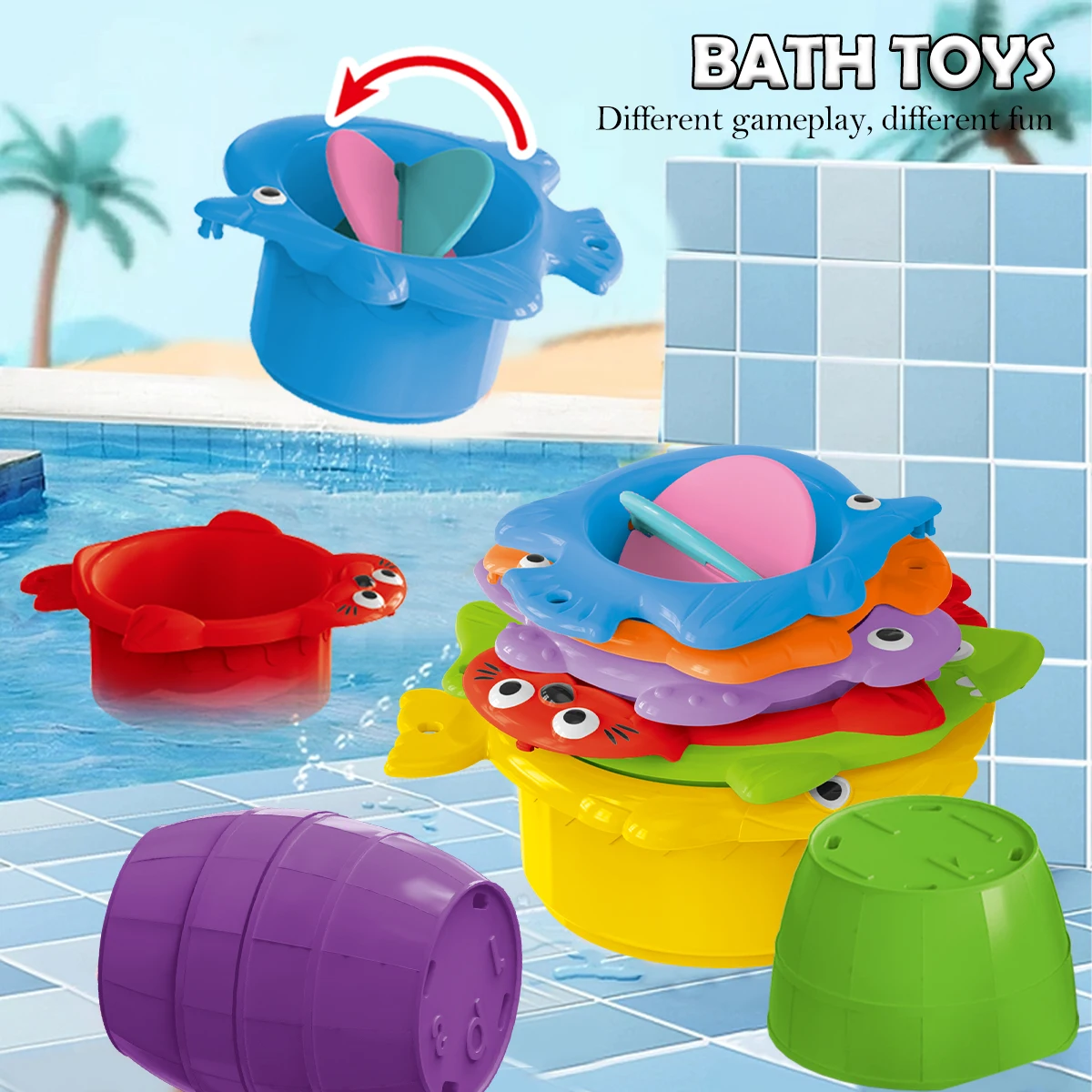 Baby-Badespielzeug, Stapelbecher, Kleinkind-Spielzeug, zufällige Farben, Ozean-Stapelturm, Badewanne, Wasser, Strand, Spielen, Badezimmer, Spiel, Geschenke Image