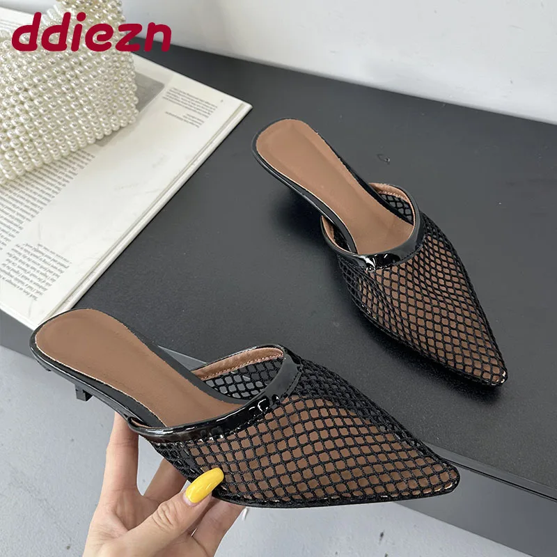 Weibliche Spitz Damen Niedrigen Absatz Pumps Rutschen Schuhe Flache Schuhe Mode Mesh Frauen Mit Hohen Absätzen Maultiere Schuhe Große Größe 43
