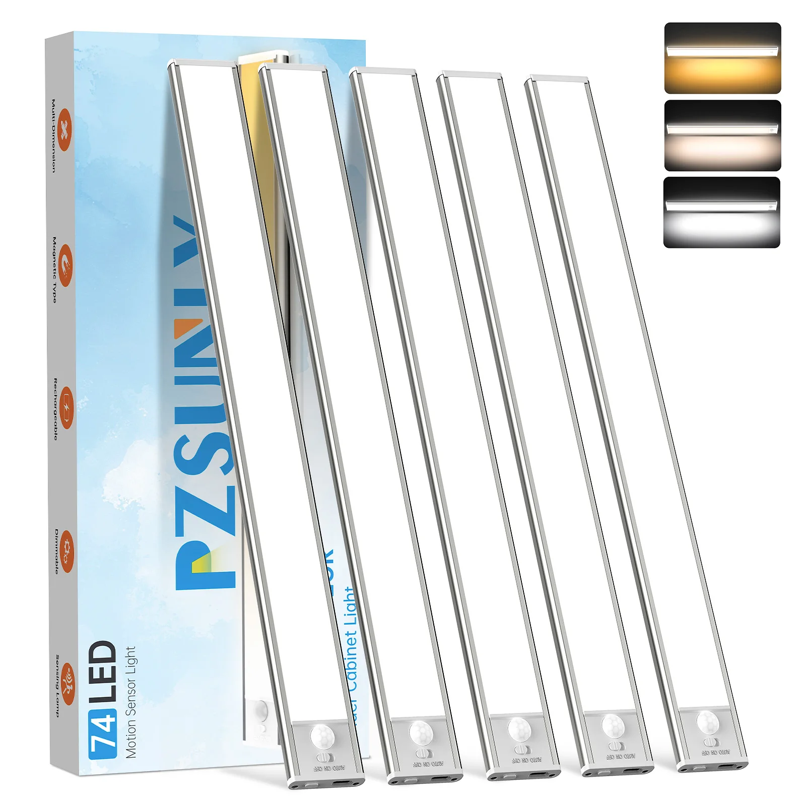 PZSUNLY LED-Bewegungsmelder-Licht, kabellos, wiederaufladbar, Typ C, Nachtlicht, magnetische Schranklampe für Küche, Kleiderschrank, Flur, Treppe, Schrank Image