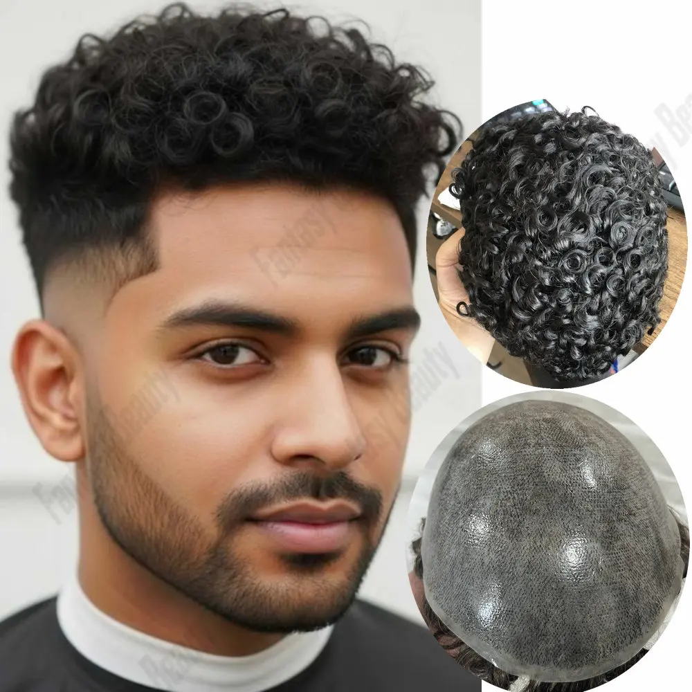 18 mm Afro-Locken-Herrenperücken, 100 % natürliches Echthaar-Toupet, langlebig, volles dünnes Hautsystem, männliches Haar, Kapillare, grau-schwarze Prothese Image