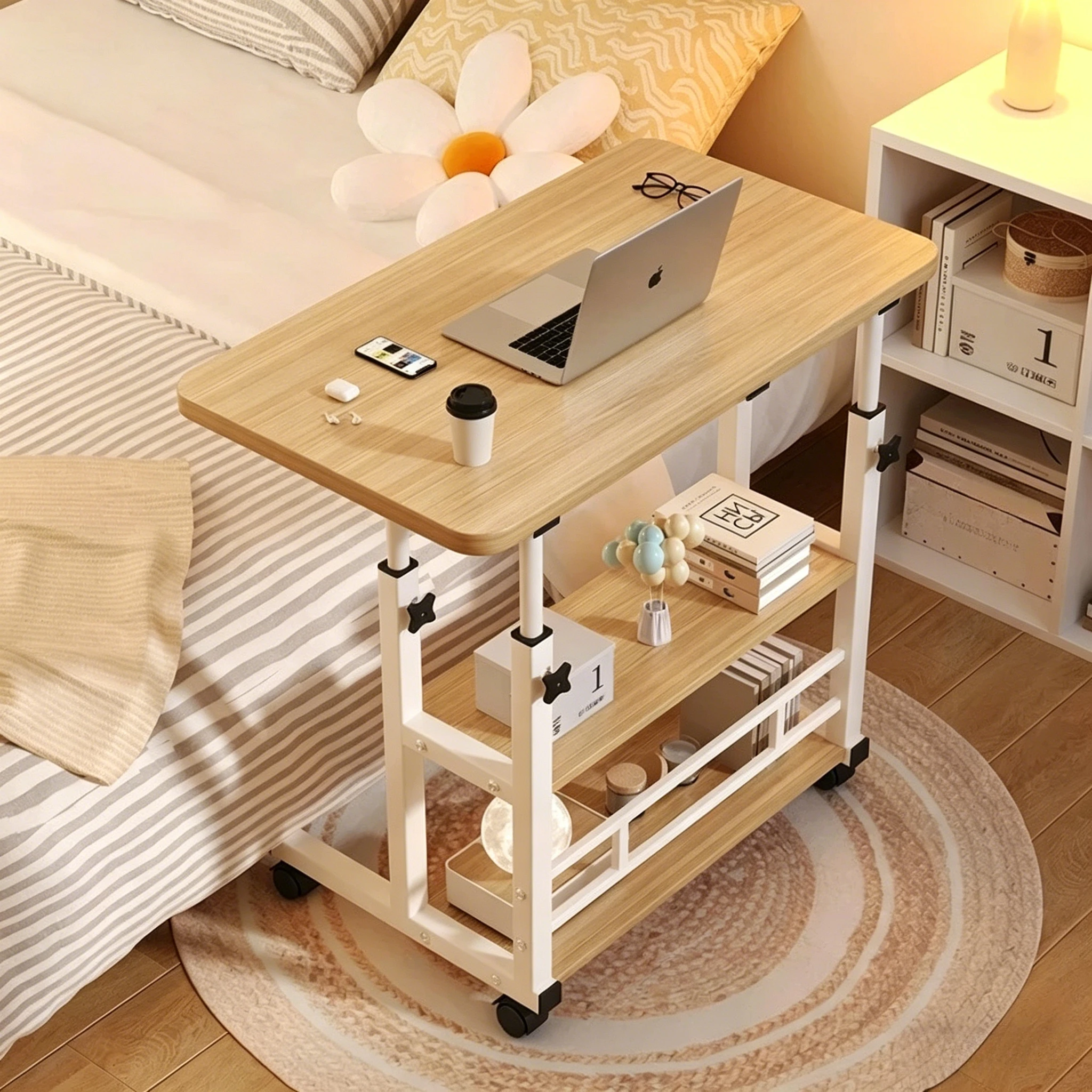 Überbett-Nachttisch mit Rollen, Verstellbarer Bett-Tisch, Rollender Laptop-Tisch, Mobiler Computertisch, 2-stufiger Couch-Tisch für Sofa
