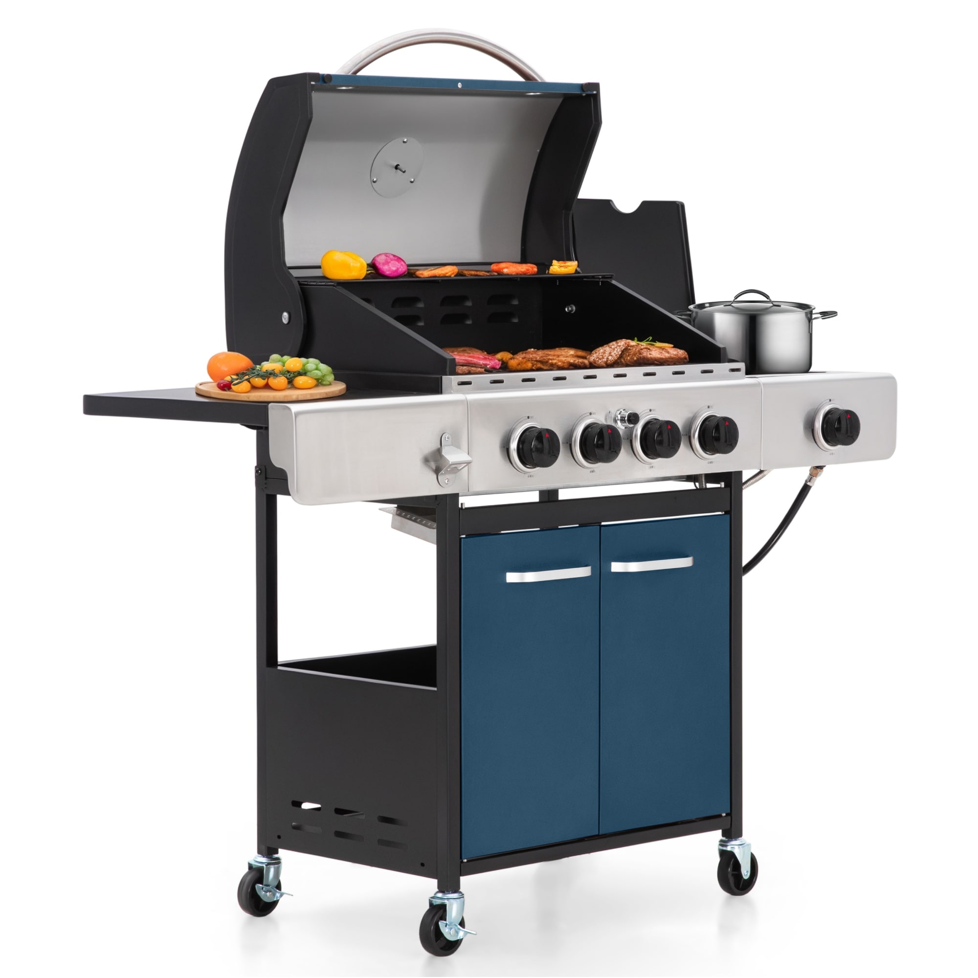 MAISON ARTS 4-Burner Propane Gas Grill with Side Burner & Porcelain Cast Iron Grates, 42,000 BTU Stainless Steel