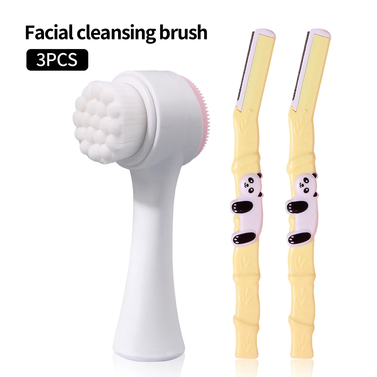 3-teiliges multifunktionales Schönheitsset, weiche Gesichtsreinigungsbürste mit niedlichen Panda-Augenbrauentrimmern, 2-in-1-Gesichtspeelingbürste Image