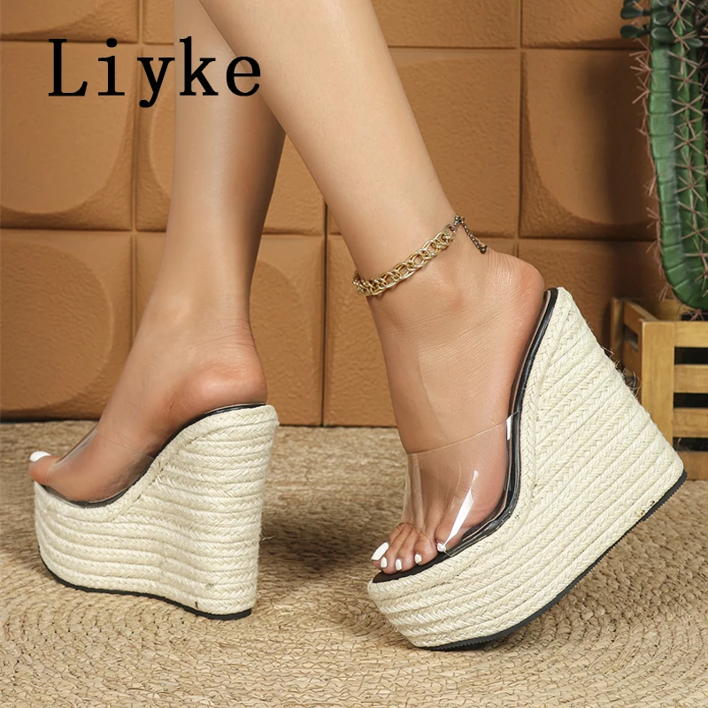 Liyke Sommer Offene spitze PVC Transparent Frauen Plattform Keil Slipper Im Freien Mode Super High Heels Damen Schuhe Sandale Größe 42