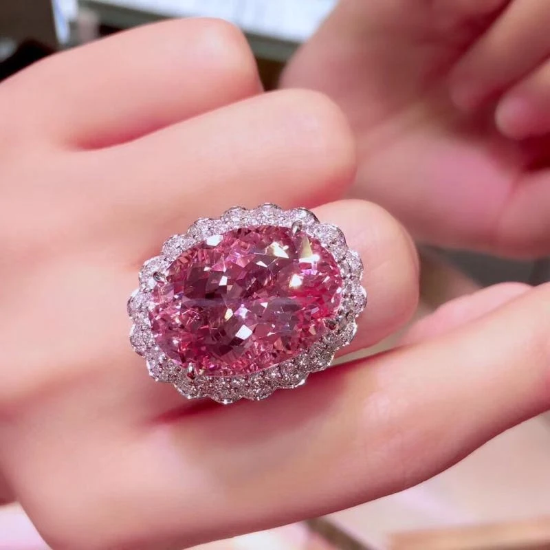 Foydjew 20*30mm Große Ovale Anhänger-Halsketten Simulierter Rosa Morganstein Offene Ringe Super Glänzende Rosa Zirkon-Anhänger-Sets