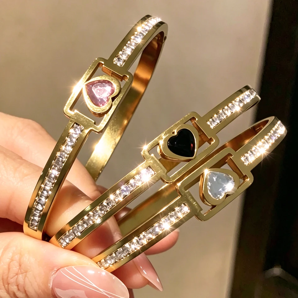 Yupsk Vintage 316L Edelstahl Schwarz Rosa Quadratischer Kristall Herz Armreif Armband für Frauen Wasserdicht Valentinstag Geschenke Image