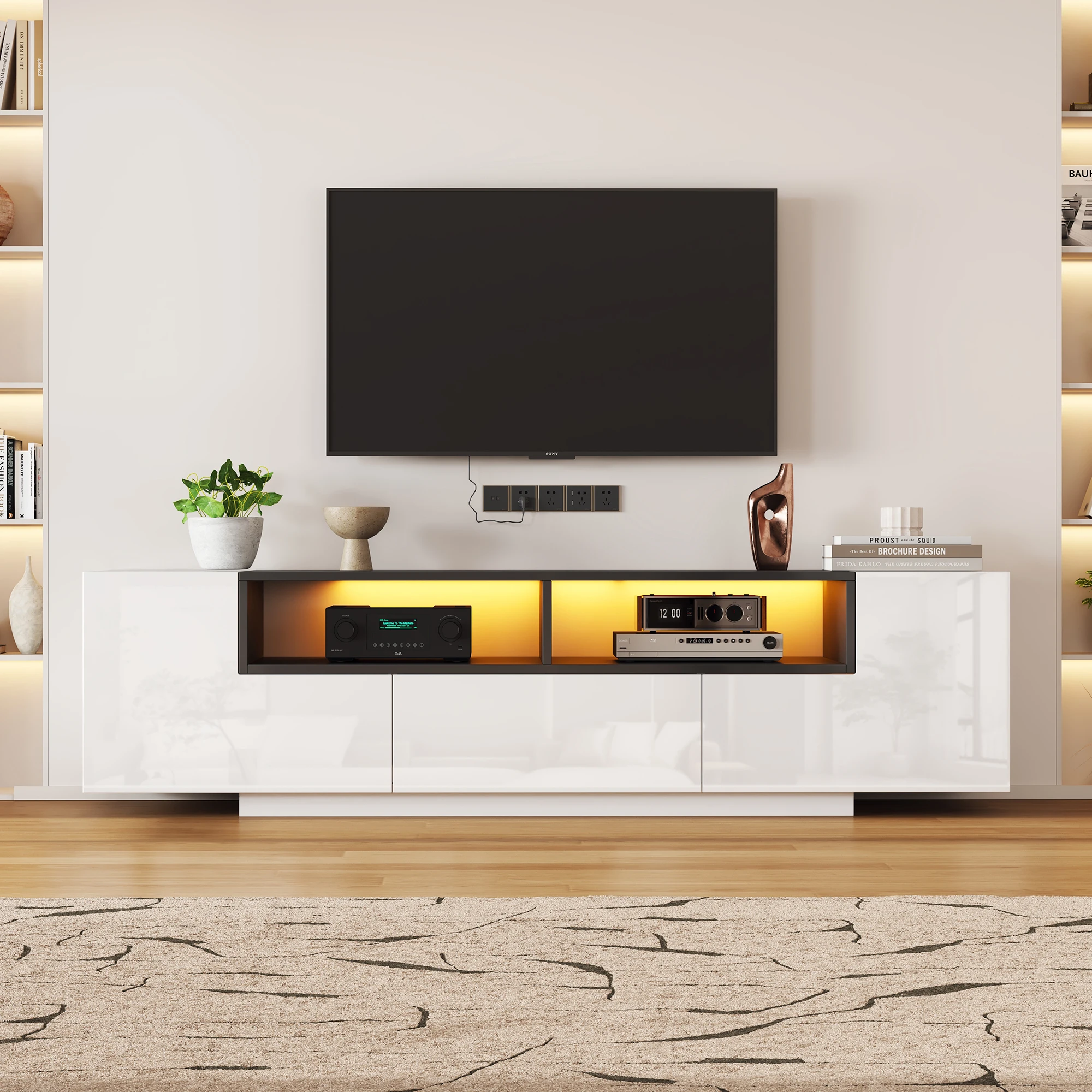 Meuble TV vertical à plateau bas avec éclairage LED, meuble TV en forme de L avec tiroirs, meuble TV pour salon, meuble TV blanc brillant adapté pour téléviseur de 75 pouces, 180*40*48cm, blanc + noir