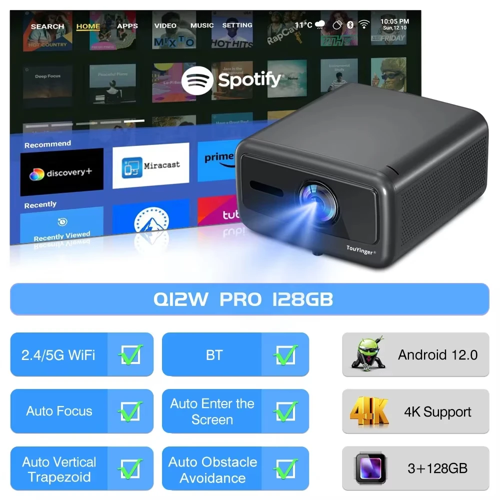 Touyinger Q12W Pro Tragbarer Projektor, unterstützt 4K HD1080P, 3G+128G, 2800 ANSI, Autofokus, Wifi6, BT, Heimkino- und Outdoor-Kinoqualität Image