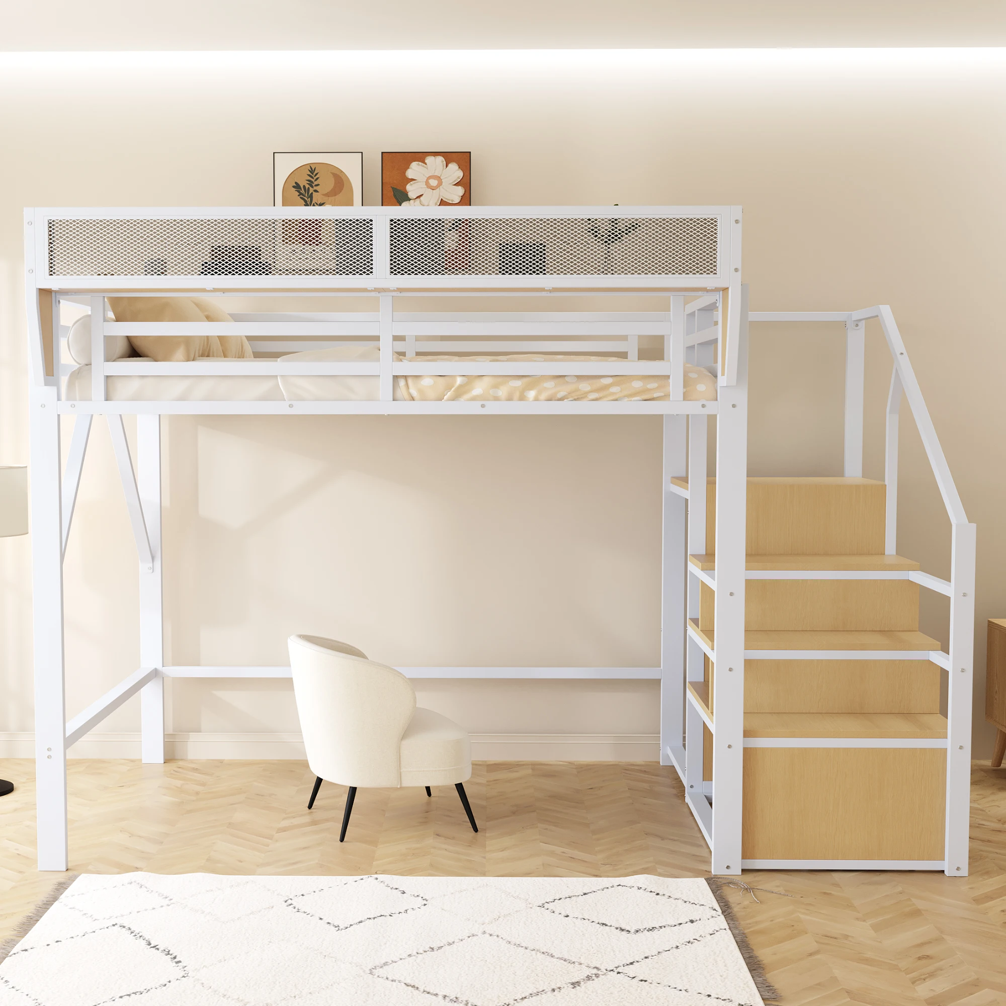 KOMHTOM Metall Hochbett 140x200 cm Kinder Etagenbett Erwachsenenbett mit Sicherheitsleiter und flexiblem Staufach