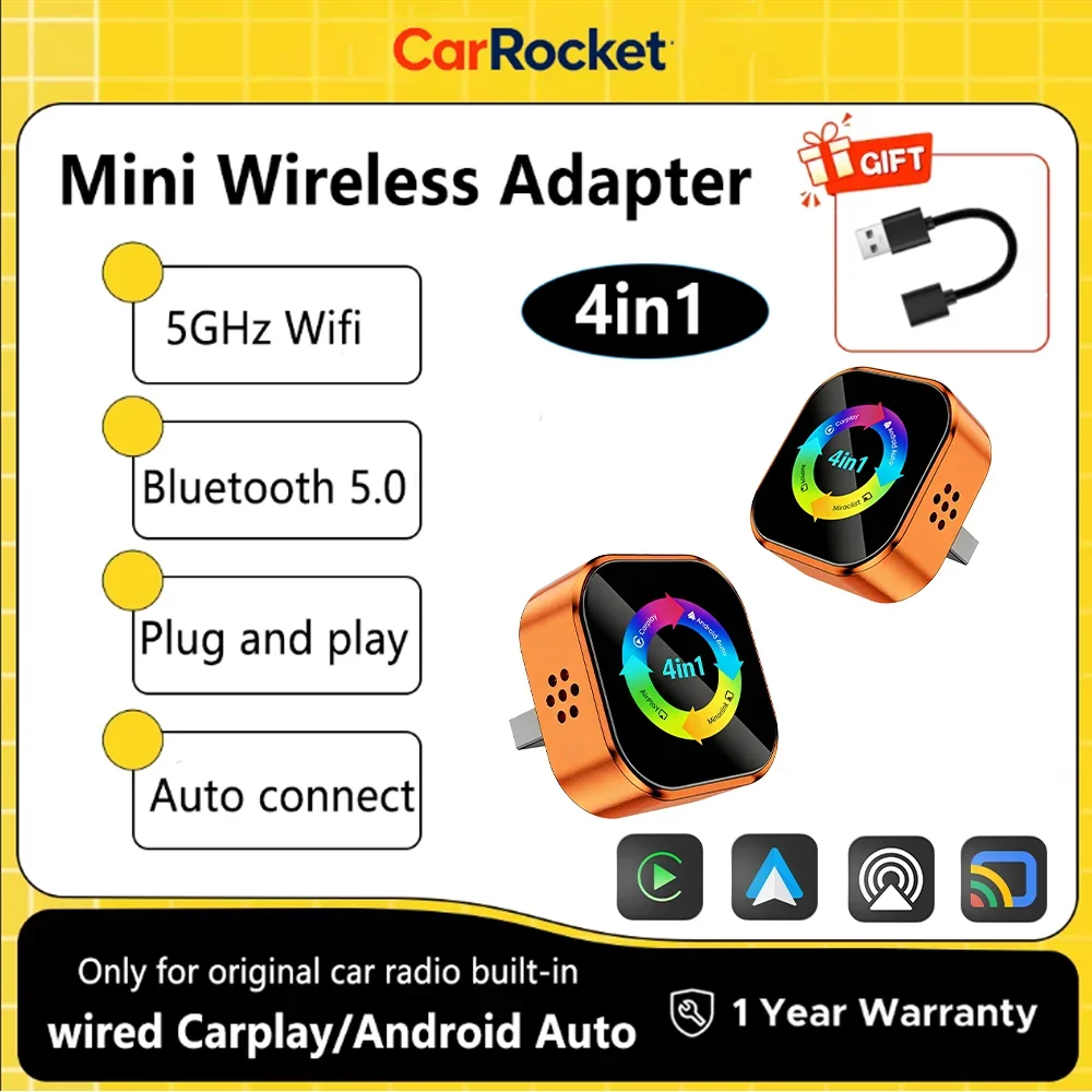 2026 CarRocket 4-in-1 CarPlay Android Auto AirPlay Mirror Link Stabiler Bluetooth-Adapter Kabelgebunden zu Kabellos für Volvo Benz MG Kia Image