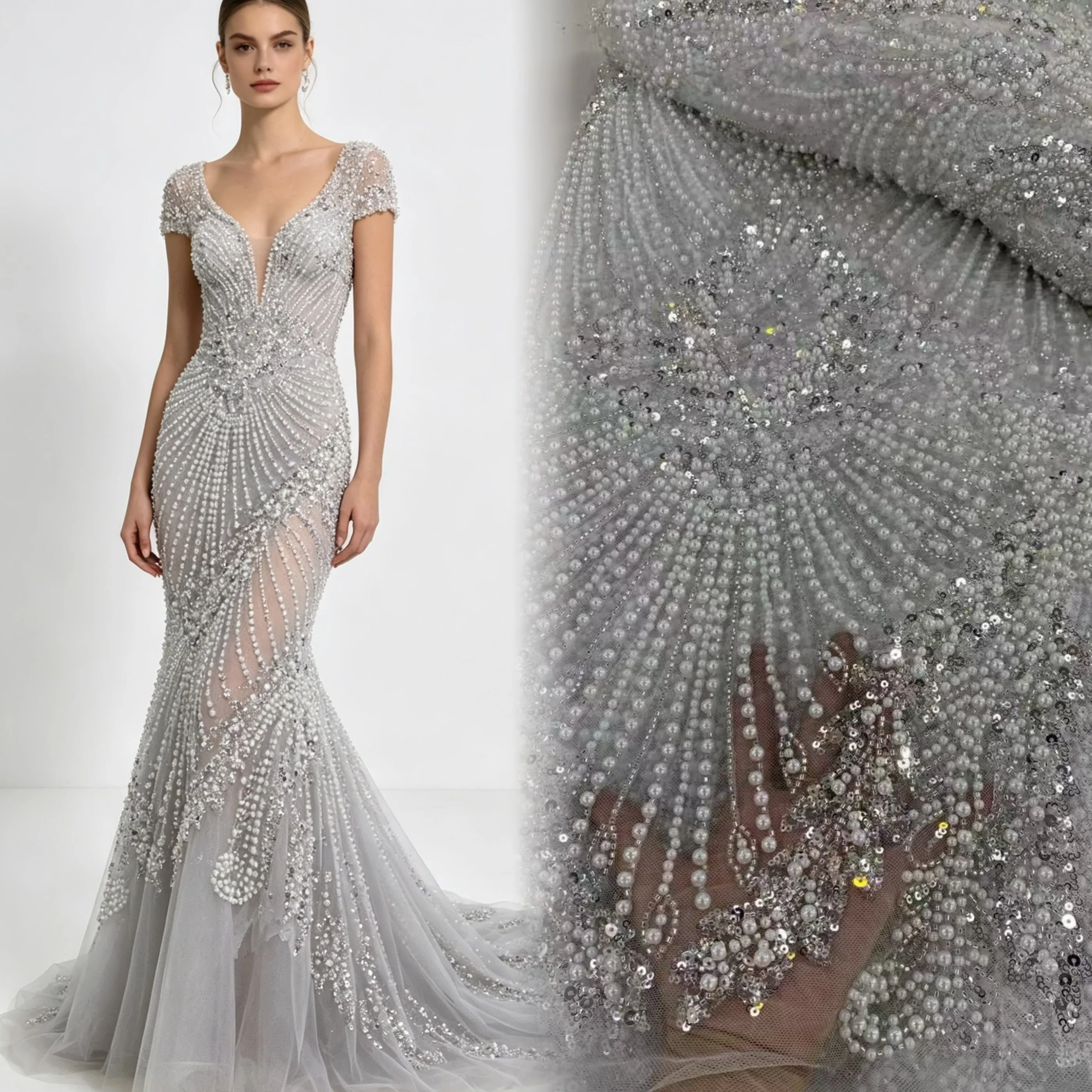 Tessuto in Pizzo Africano di Alta Qualità 2026 con Paillettes, Rete e Perline di Lusso Francesi, Pizzo in Tulle Ricamato 3D per Cucito