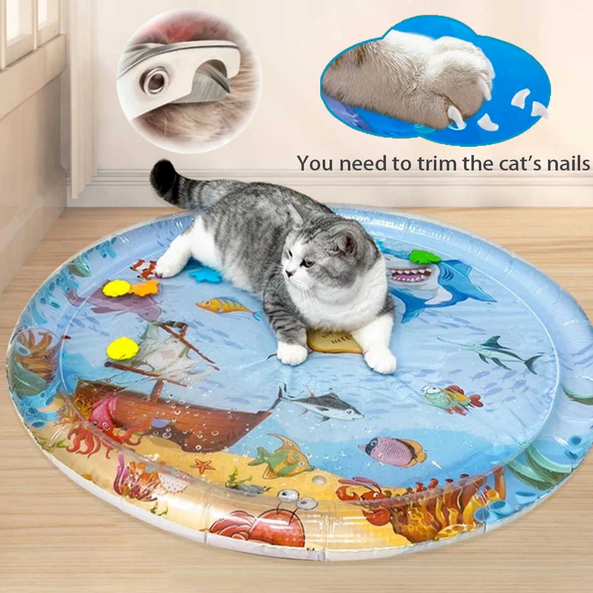 Sommer-Kühlmatte für Haustiere, verdickte aufblasbare Wassermatte für Katzen und Hunde, Spielmatte mit Fisch- und Meeresthema, sensorisches Wasserspielzeug Image