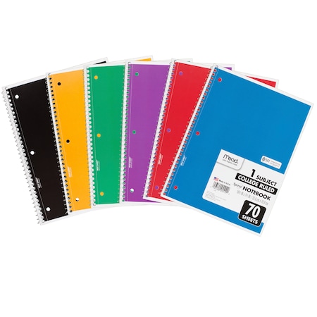 MEAD MEA05512 Spiral 1 Subject Notebook, Wide Ruled, 70 Sheets Per Book, PK6,