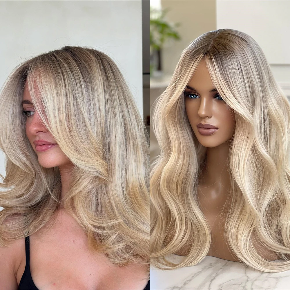 Ash Roots Lace Frontal Perücke aus Kunsthaar, cremig-blonde Highlights, 18 Zoll, geschichtet, gewellt, klebefrei, für Party, Cosplay, Alltag Image