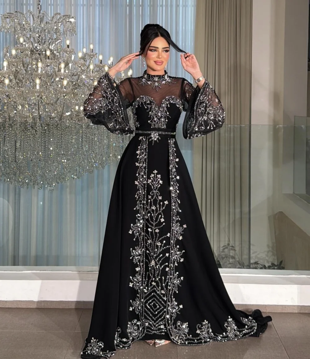 Maßgeschneiderte, aufwendige Jersey-Kleider mit Paillettenmuster, A-Linie, hoher Kragen, lange Quinceanera-Kleider für besondere Anlässe, glitzernd Image