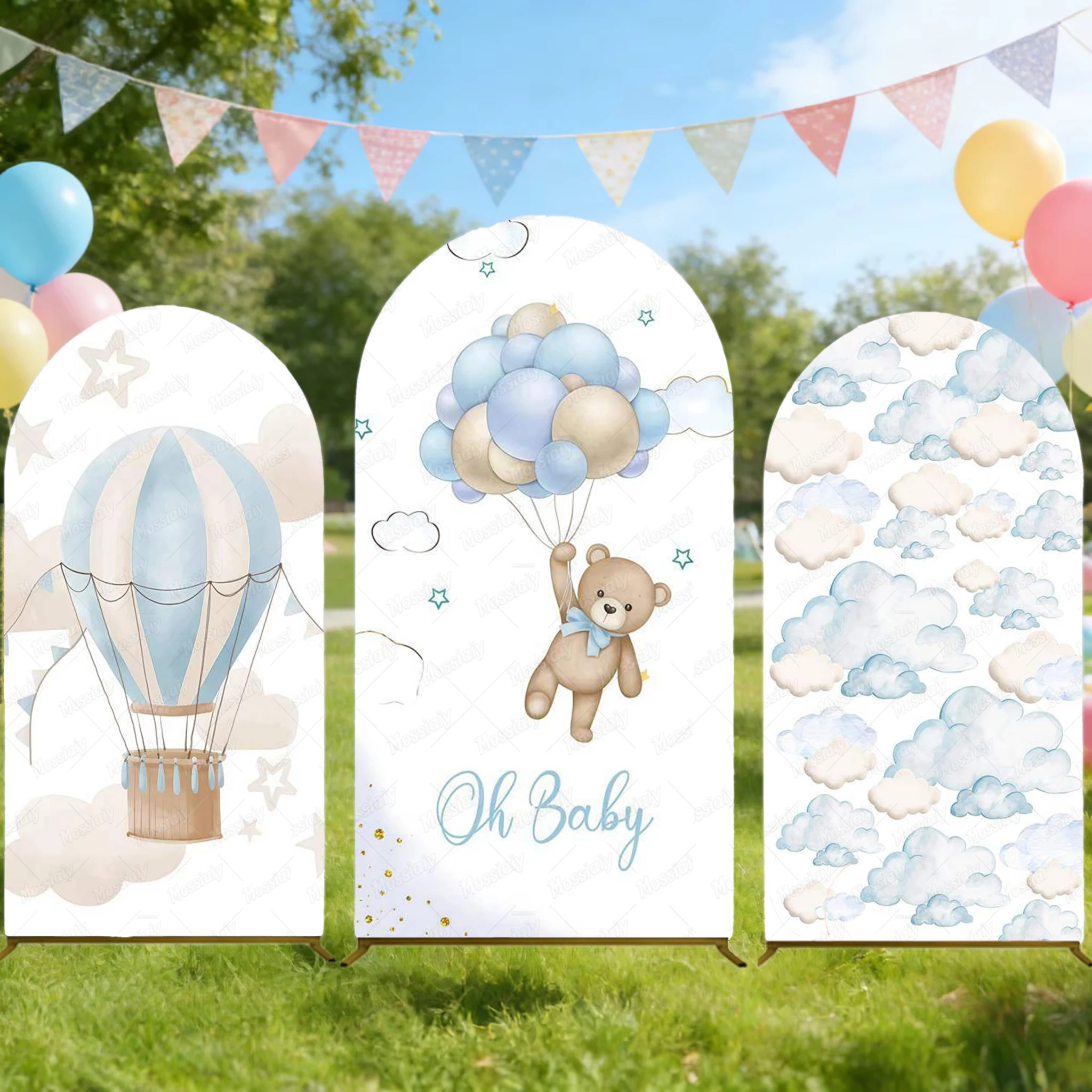 Heißluftballon Blauer Bogen Hintergrundbezug für Babyparty, Gewölbte Fotowand 'Oh Baby' für Neugeborene und 1. Geburtstag, Beidseitiger Hintergrund Image