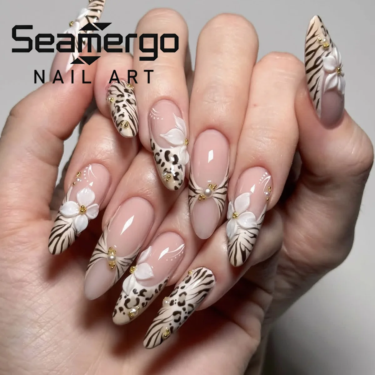 24 Stück Leoparden-Zebra-Druck Nägel Weiße Blumen Gold Perlen Künstliche Nägel Süßer Eleganter Wilder Stil Wiederverwendbare Aufklebenägel Image