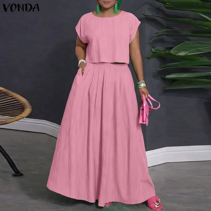 VONDA Damen-Sets in Übergröße, elegant, 2-teilig, einfarbig, zweiteilige Outfits, kurzärmelige Sommeroberteile, lange Röcke, Streetwear-Kleidersets Image