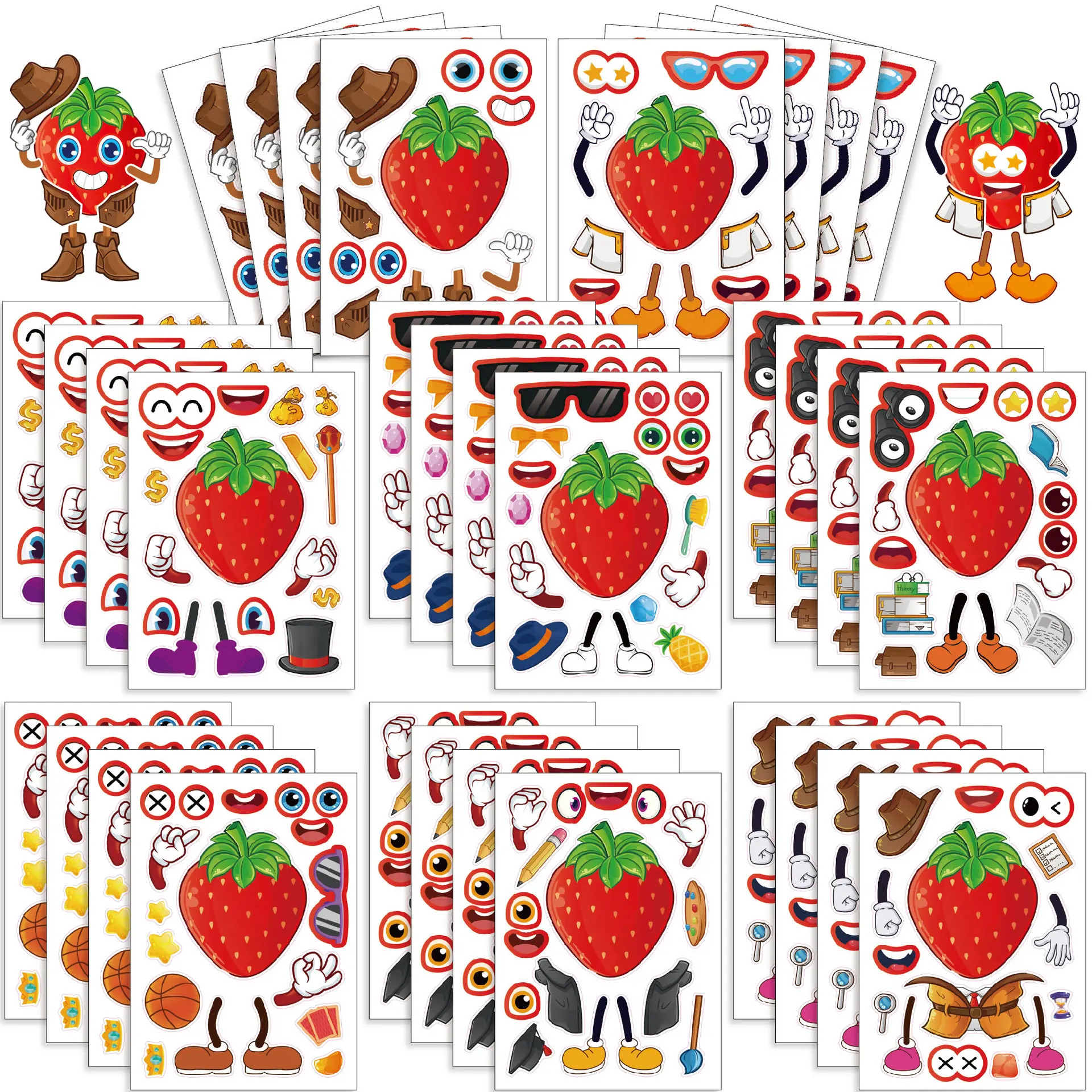 8/16 Blatt Erdbeere Make a Face Puzzle Aufkleber Niedliche Frucht Cartoon Aufkleber Notebook Telefon Gitarre Skateboard Tasse Klassisches Kinderspielzeug