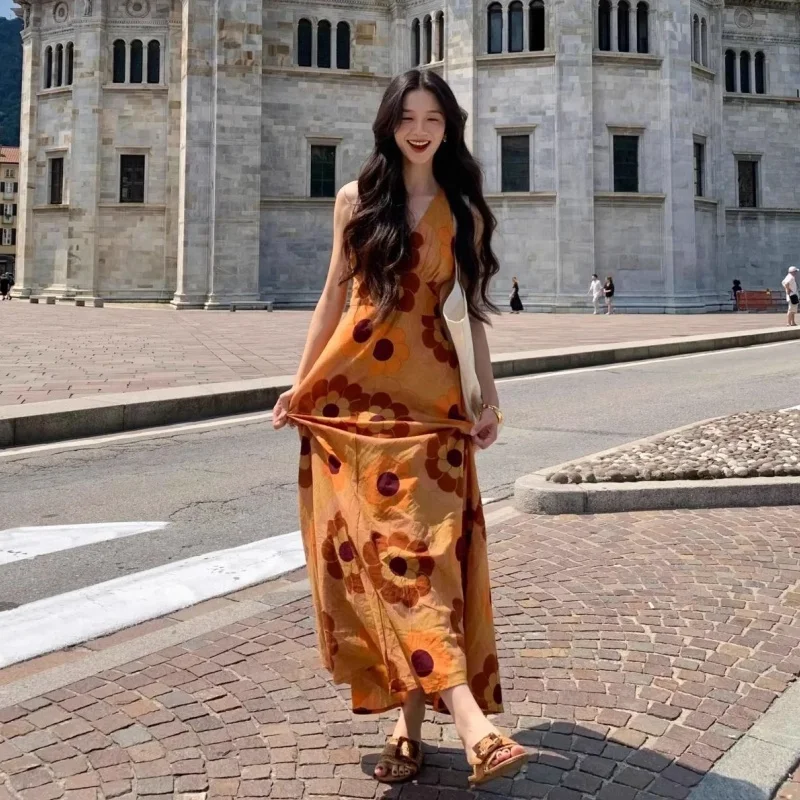 Damen Vintage Sommer V-Ausschnitt Boho-Kleid Orange Blumenmuster Locker Sitzendes Langes Kleid für Reisen und Urlaub Komfortables Kleid