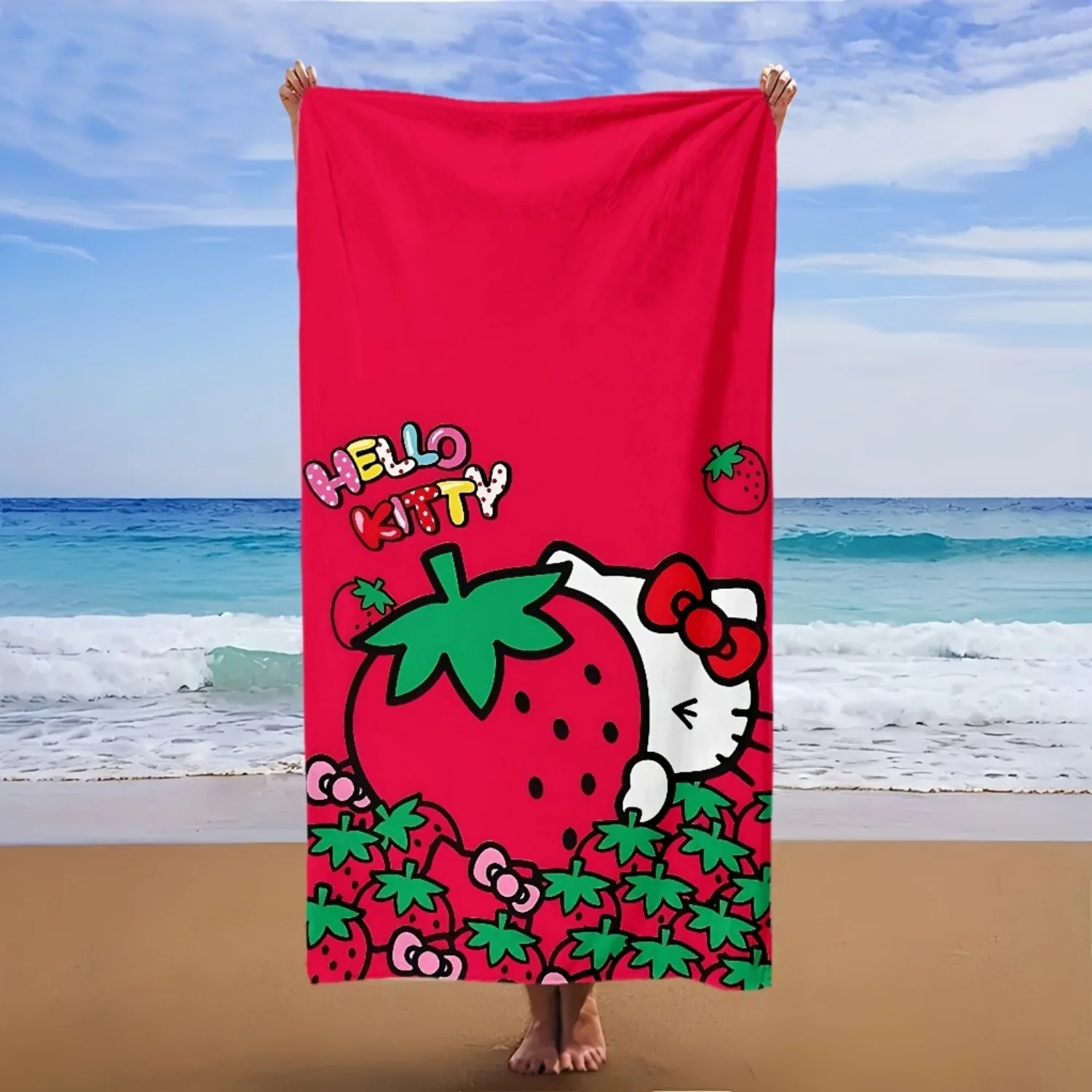 1 Stück Strandtuch mit Sanrio-Figuren, die sich in einem Haufen Erdbeeren verstecken. Verwenden Sie es als Strand-Accessoire. Image