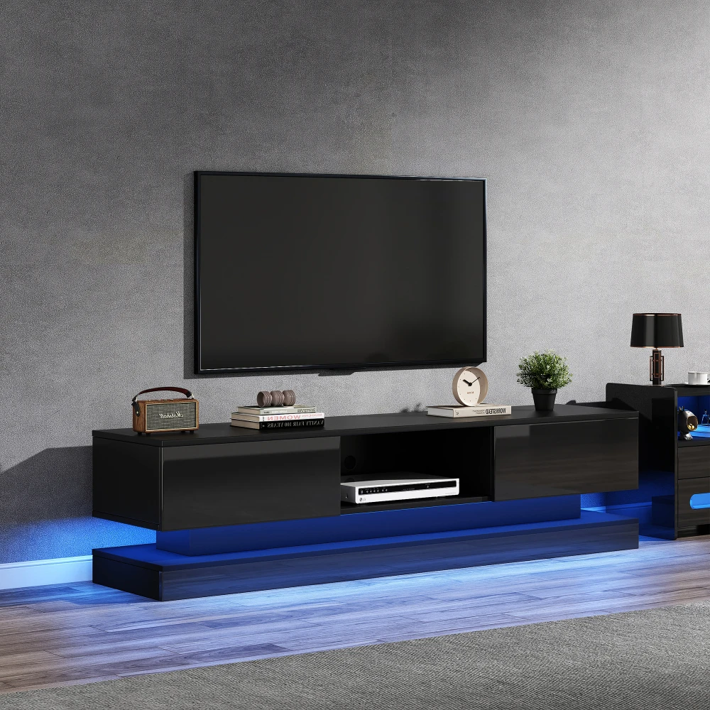 Meuble TV brillant avec éclairage LED, 2 tiroirs, commande par application, conception anti-basculement, adapté aux téléviseurs de 60 pouces, meubles TV, meuble TV bas.