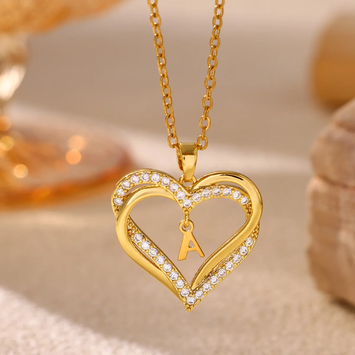 Verflochtene Doppelherz-Initialen-Halskette für Frauen, goldfarben, Zirkon-Herz-Buchstaben-Anhänger, Alphabet-Schmuck, Muttertagsgeschenke Image