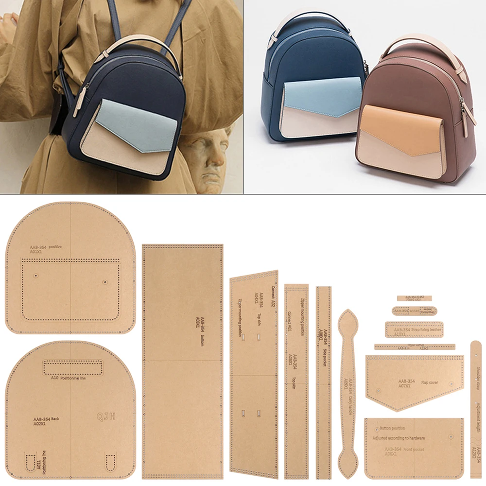 QJH Handgefertigte Lederhandwerkskunst Damen Casual Niedlicher Rucksack Handtasche mit Reißverschluss Kraftpapier Kostenlose Schneideschablone mit Löchern Image