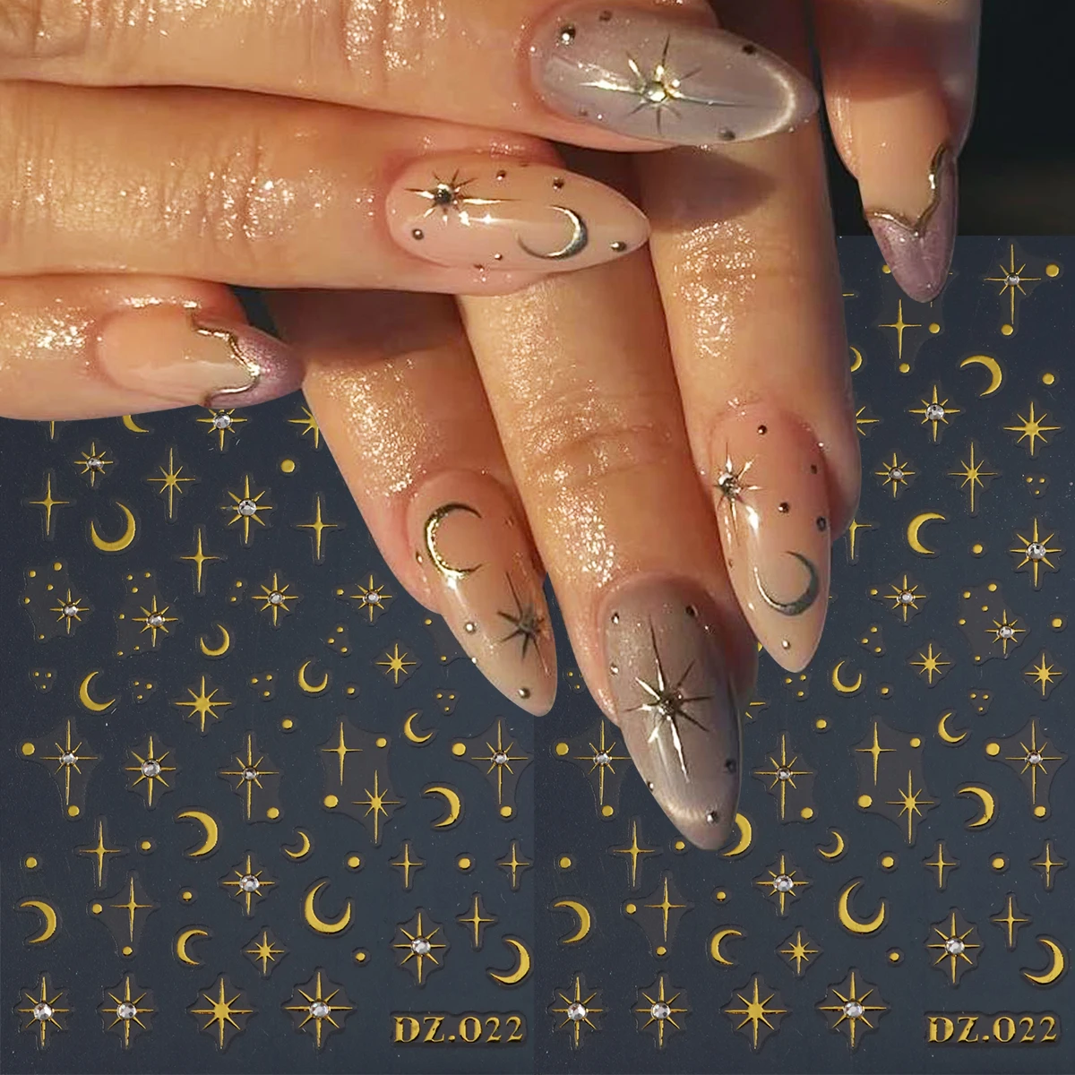 Sommerliche Sternenhimmel-Nagelaufkleber mit Strass, Metallische Goldene Sterne, Mond, Sternenstrahlen, Punkte, 3D-Geprägte Hochzeits-Nageldekoration Image